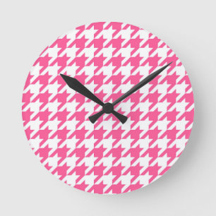Rosa und Weiß Houndstooth Karo Runde Wanduhr