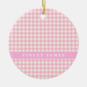 Rosa und weiß kariertes personalisiertes Gingham  Keramik Ornament