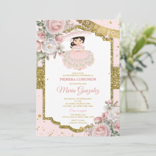 Rosa und Weiß mexikanische Presentación De Tres Añ Einladung (Stehend Vorderseite)