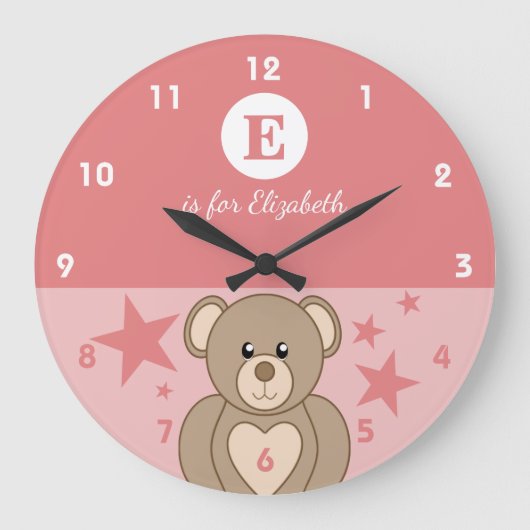 Rosa und weiß mit niedlichen Teddy-Stars Babyname Große Wanduhr (Vorderseite)