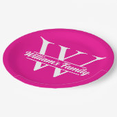 Rosa und Weiß | Monogramm für einfache Familiennam Pappteller (Schrägansicht)