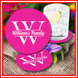 Rosa und Weiß | Monogramm für einfache Familiennam Runder Pappuntersetzer