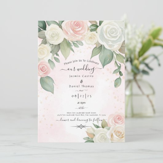 Rosa und Weiß Rose dutzende Blüten Einladung (Stehend Vorderseite)