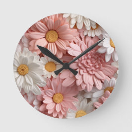 Rosa und weiße 3D-Blume Runde Wanduhr