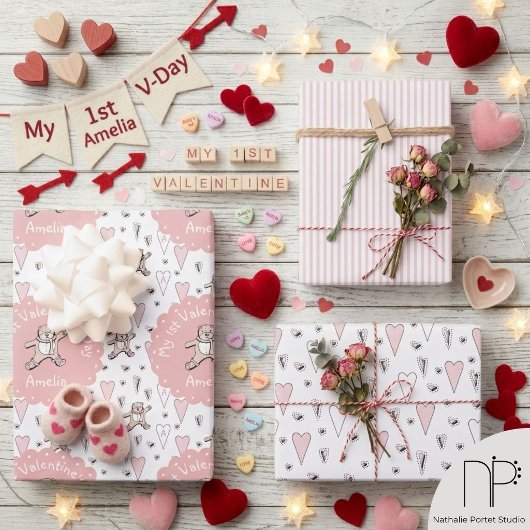 Rosa und weiße Babys 1. Valentinstag Teddy Bear Geschenkpapier Set