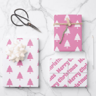 Rosa und weiße Bäume Frohe Weihnachtsfeiertage Geschenkpapier Set