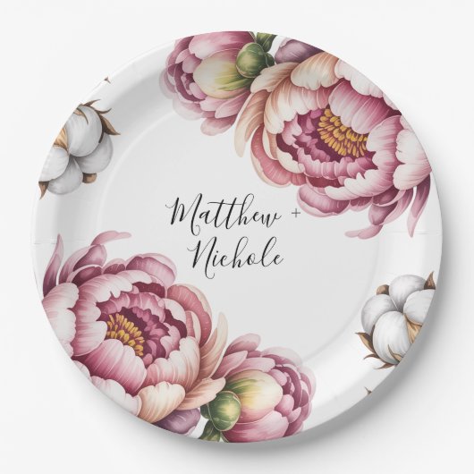 Rosa und weiße Baumwollhochzeit Pappteller (Vorderseite)