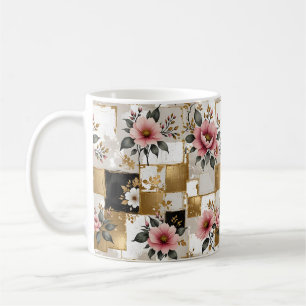 Rosa und weiße Blume auf den Golden und Black Squa Kaffeetasse