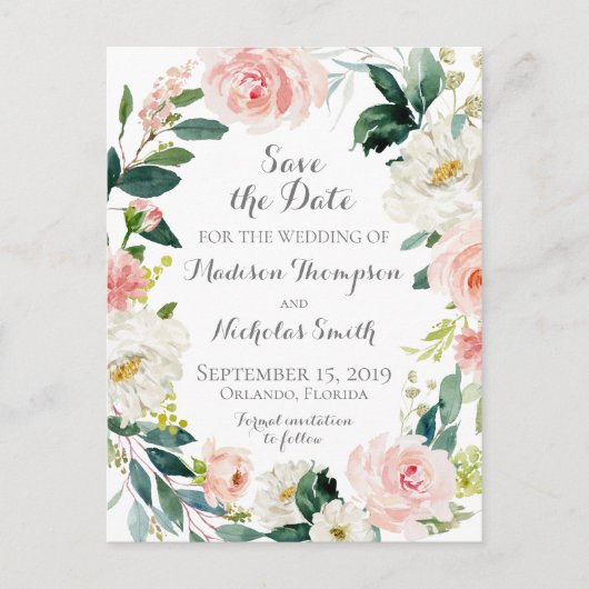 Rosa und weiße Blume Save the Date Postkarten (Vorderseite)
