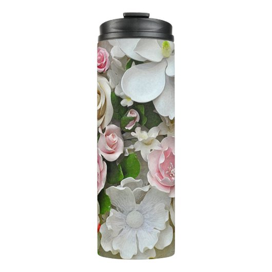 Rosa und weiße Blume Thermosbecher (Vorderseite)