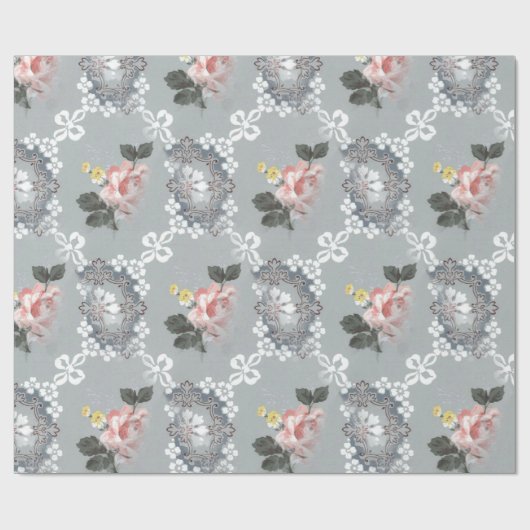 Rosa und weiße Blume über grauem Hintergrund Geschenkpapier (Flach)