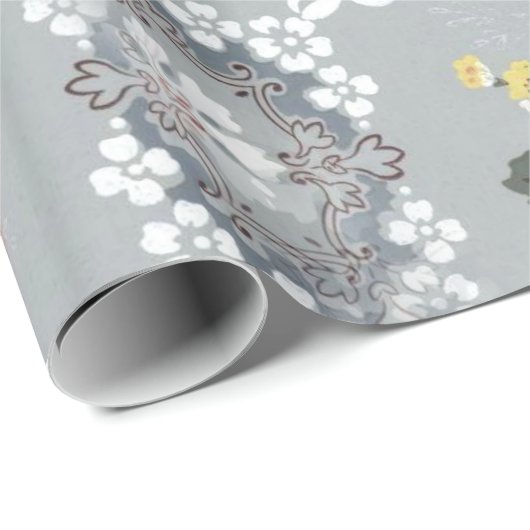 Rosa und weiße Blume über grauem Hintergrund Geschenkpapier (Rolleneckpunkt)