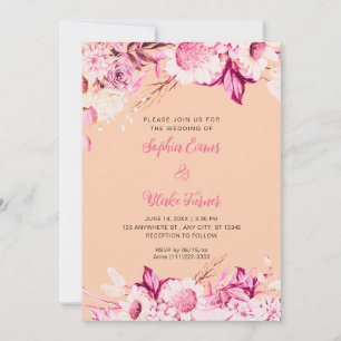 Rosa und weiße Blumen Boho Orange Hochzeit Einladung