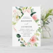 Rosa und weiße blumengeschmückte Hochzeit in elega Einladung (Stehend Vorderseite)