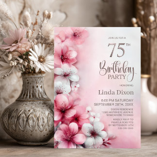 Rosa und weiße Blumenparty zum 75. Geburtstag Einladung
