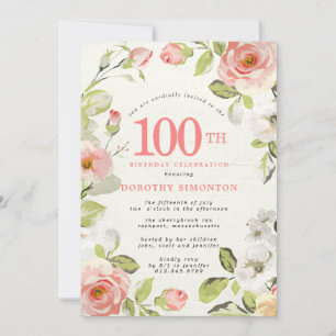 Rosa und weiße Blüte 100. Geburtstagsfeier Einladung
