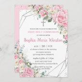 Rosa und weiße Blütensilber Erste Heilige Kommune Einladung (Vorne/Hinten)