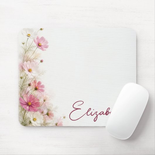 Rosa und weiße Cosmos Blumenborder Mousepad (Mit Mouse)
