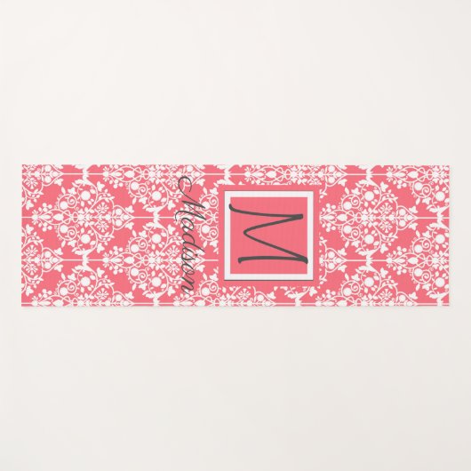Rosa und weiße Damaske Trendy Monogram Yogamatte (Vorderseite (Horizontal))