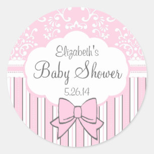 Rosa und weiße Damast-Babyparty Runder Aufkleber