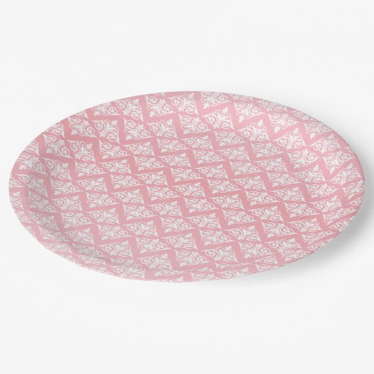 Rosa und weiße Damast Pappteller (Schrägansicht)