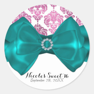 Rosa und weiße Damast-Teal-Schleife Glam Sweet 16  Runder Aufkleber