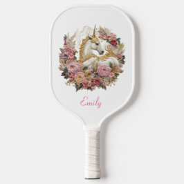 Rosa und weiße Einhorn | Floral Modern Monogram Pickleball Schläger