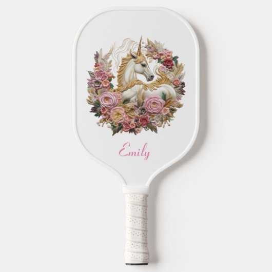 Rosa und weiße Einhorn | Floral Modern Monogram Pickleball Schläger (Vorderseite)