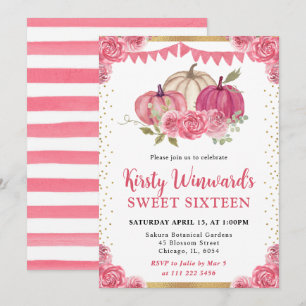 Rosa und weiße florale Kürbisse Fall Sweet 16 Einladung