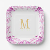 Rosa und weiße florale Weidenfliesen-Monogramm Pappteller (Vorderseite)