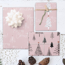 Rosa und weiße frohe Weihnachtsbaume Geschenkpapier Set