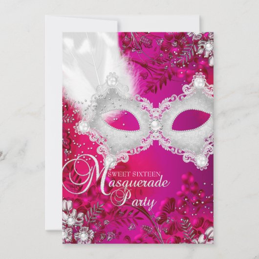 Rosa und weiße Funkelmasquerade Sweet 16 Einladung (Vorderseite)