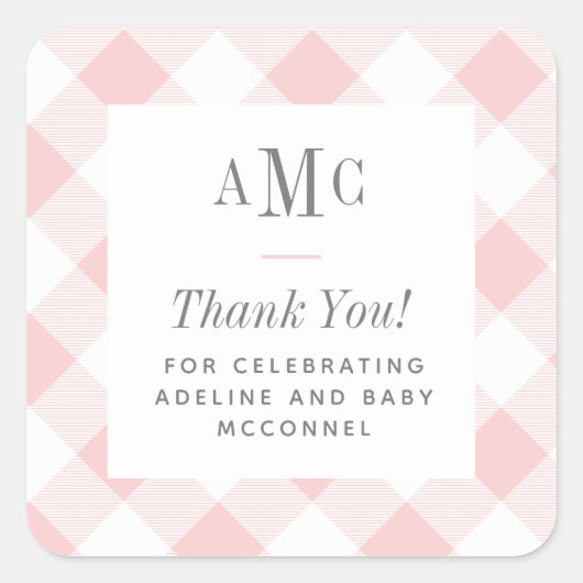 Rosa und weiße Gingham Monogram Danke Square S Quadratischer Aufkleber (Vorderseite)