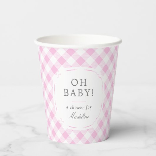 Rosa und weiße Gingham Muster Oh Babydusche Pappbecher (Rückseite)