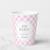 Rosa und weiße Gingham Muster Oh Babydusche Pappbecher (Vorderseite)