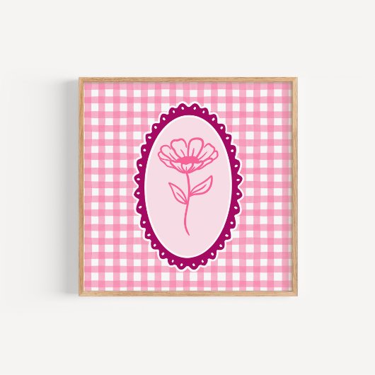 Rosa und Weiße Gingham und Rahmen Blumenkunst Poster