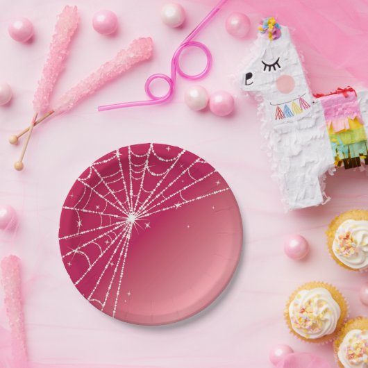 Rosa und weiße glänzende Diamantspinne Web Pappteller (Party)