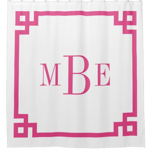 Rosa und weiße griechische Schlüsselgrenzenmonogra Duschvorhang (Vorderseite)