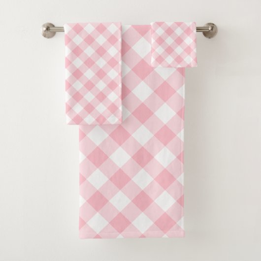 Rosa und weiße große Diagonal-Gingham-Karos Badhandtuch Set (Insitu)