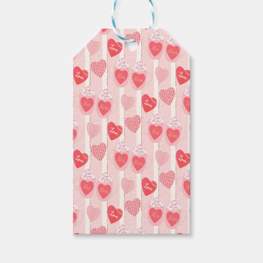 Rosa und weiße Herzen, weiße Streamer Geschenkanhänger (Vorderseite)