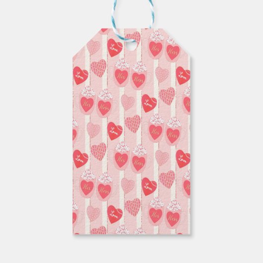 Rosa und weiße Herzen, weiße Streamer Geschenkanhänger (Rückseite)