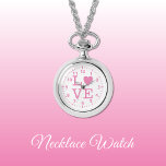 Rosa und weiße Liebe Armbanduhr<br><div class="desc">Necklace Watch Geschenk. Mit dem Wort "Liebe" und einer Herzform, die den Buchstaben O ersetzt. Rosa und Weiß</div>