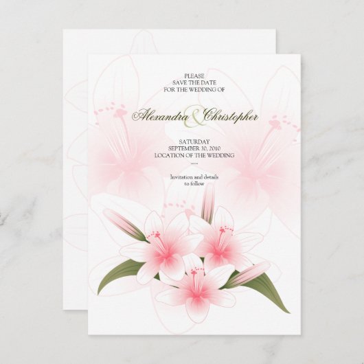 Rosa und weiße Lilien Hochzeit speichern das Datum Ankündigungspostkarte (Vorne/Hinten)