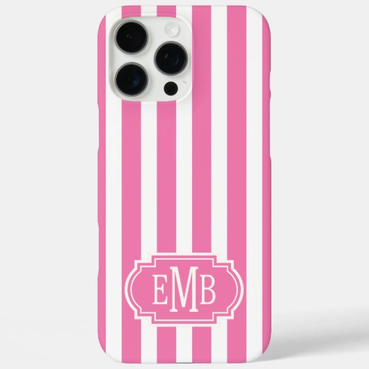 Rosa und weiße monogrammierte Streifen Case-Mate iPhone Hülle (Rückseite)