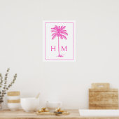 Rosa und weiße Palm-Palmetto-Baum-Monogramm Poster (Küche)