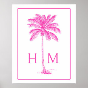 Rosa und weiße Palm-Palmetto-Baum-Monogramm Poster
