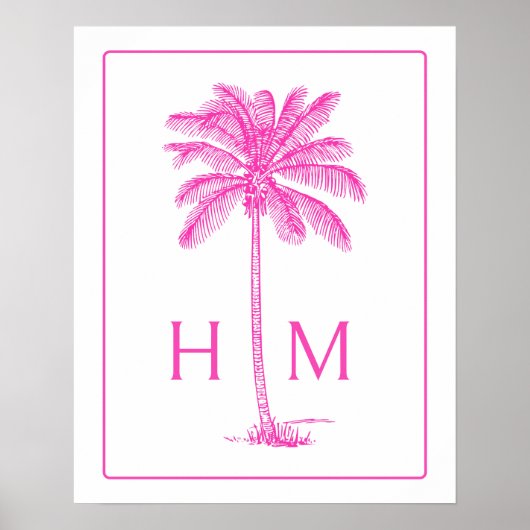 Rosa und weiße Palm-Palmetto-Baum-Monogramm Poster (Vorne)