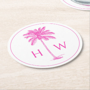 Rosa und weiße Palm-Palmetto-Baum-Monogramm Runder Pappuntersetzer