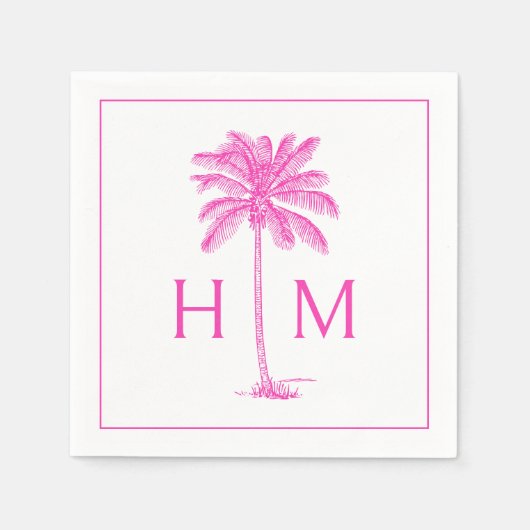 Rosa und weiße Palm-Palmetto-Baum-Monogramm Serviette (Vorderseite)