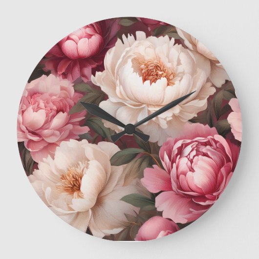 Rosa und weiße Peony Große Wanduhr (Vorderseite)